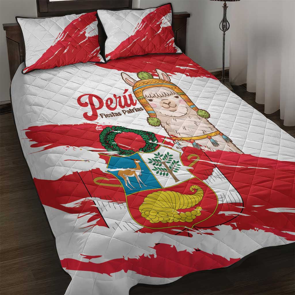 Fiestas Patrias de Peru Quilt Bed Set Coat Of Arms With Cute Alpaca Face