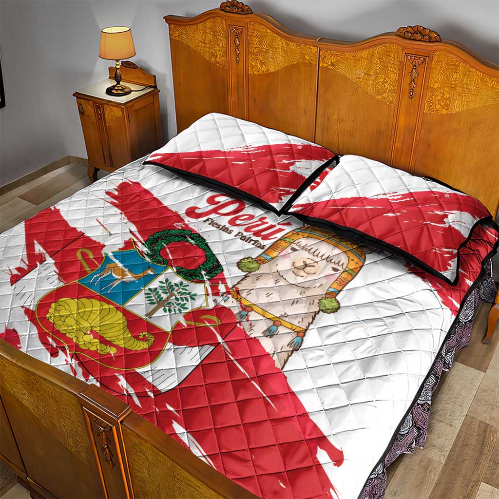 Fiestas Patrias de Peru Quilt Bed Set Coat Of Arms With Cute Alpaca Face