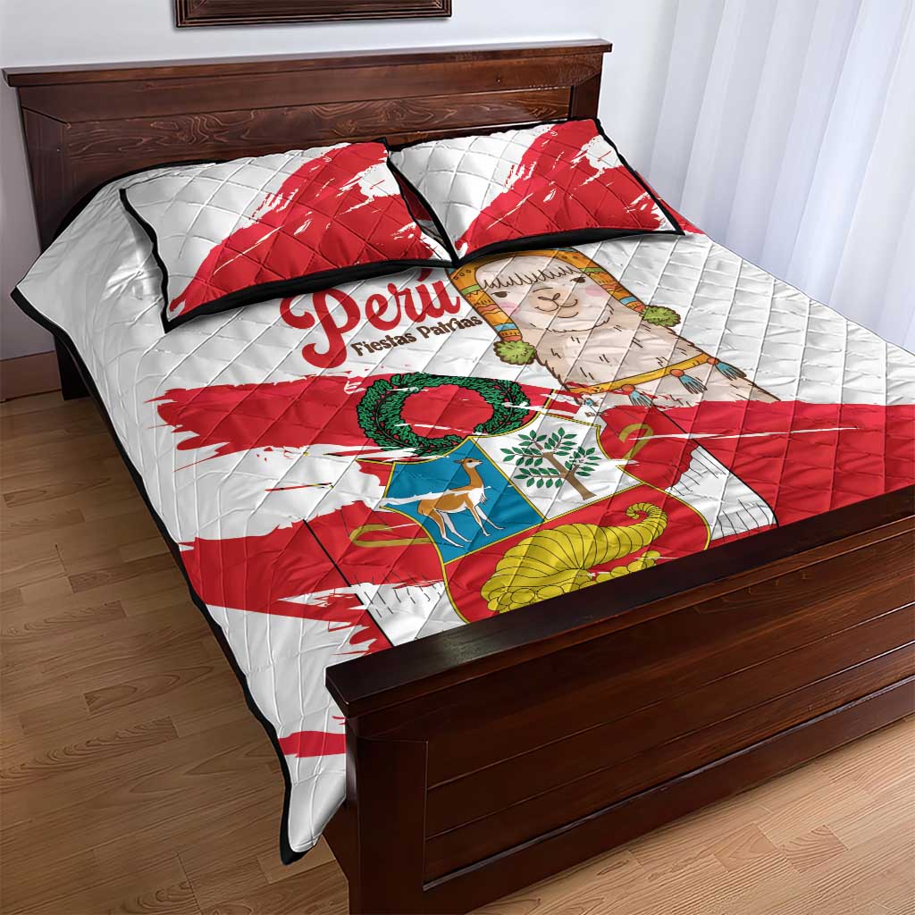 Fiestas Patrias de Peru Quilt Bed Set Coat Of Arms With Cute Alpaca Face