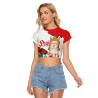 Fiestas Patrias de Peru Raglan Cropped T Shirt Coat Of Arms With Cute Alpaca Face