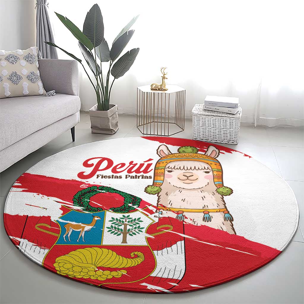 Fiestas Patrias de Peru Round Carpet Coat Of Arms With Cute Alpaca Face
