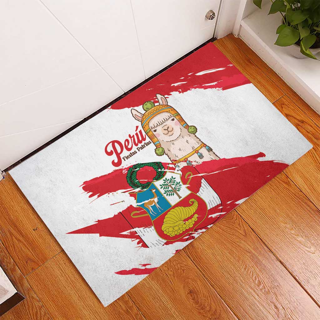 Fiestas Patrias de Peru Rubber Doormat Coat Of Arms With Cute Alpaca Face