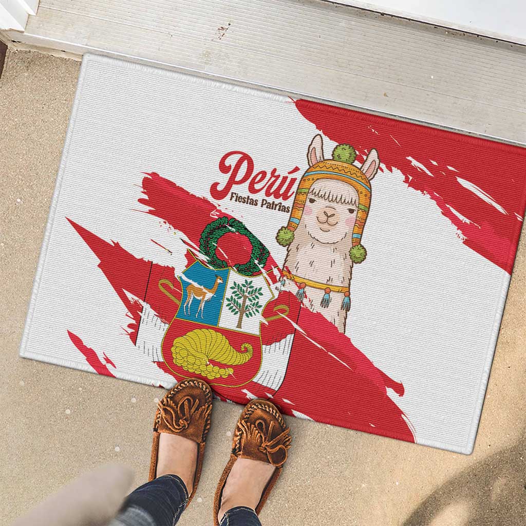 Fiestas Patrias de Peru Rubber Doormat Coat Of Arms With Cute Alpaca Face