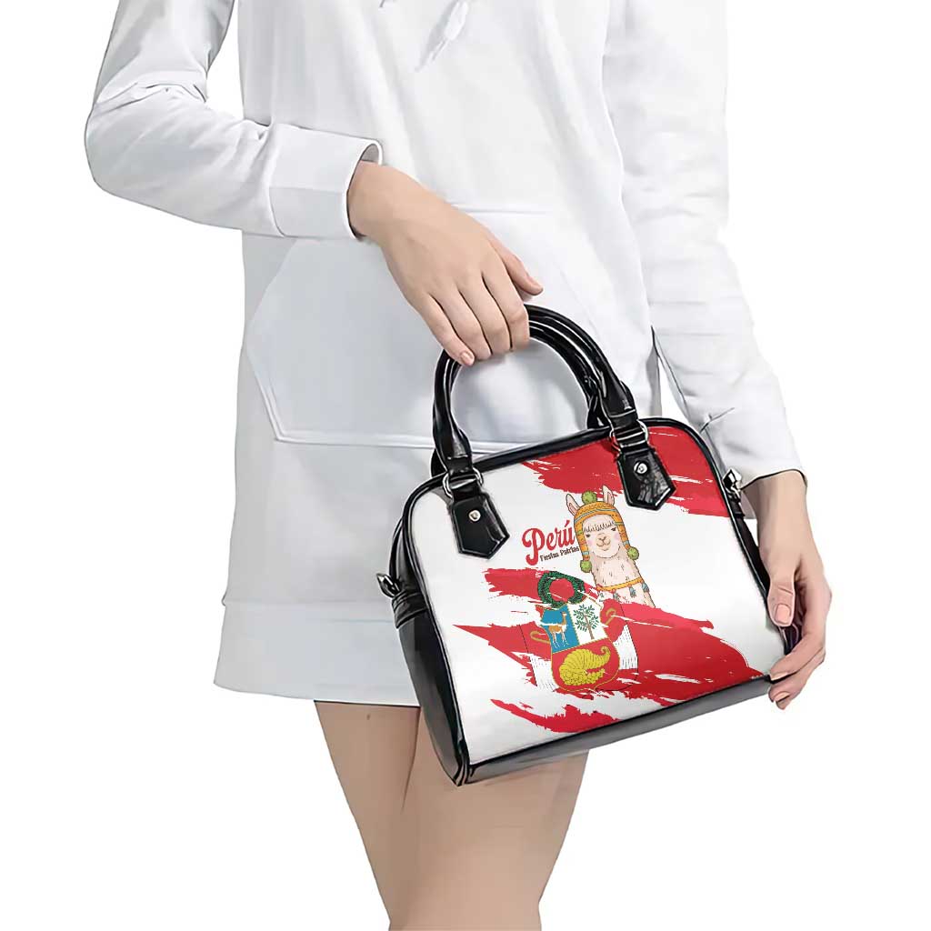Fiestas Patrias de Peru Shoulder Handbag Coat Of Arms With Cute Alpaca Face
