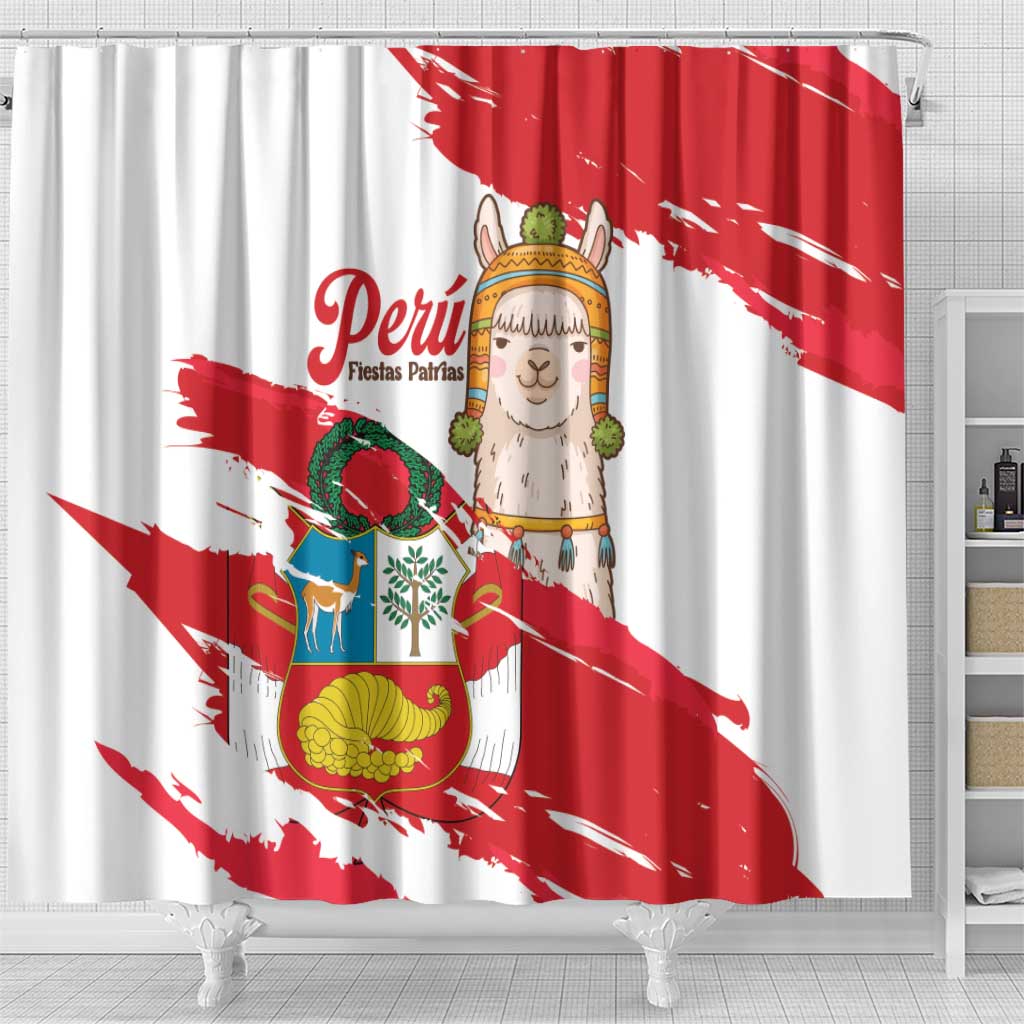 Fiestas Patrias de Peru Shower Curtain Coat Of Arms With Cute Alpaca Face