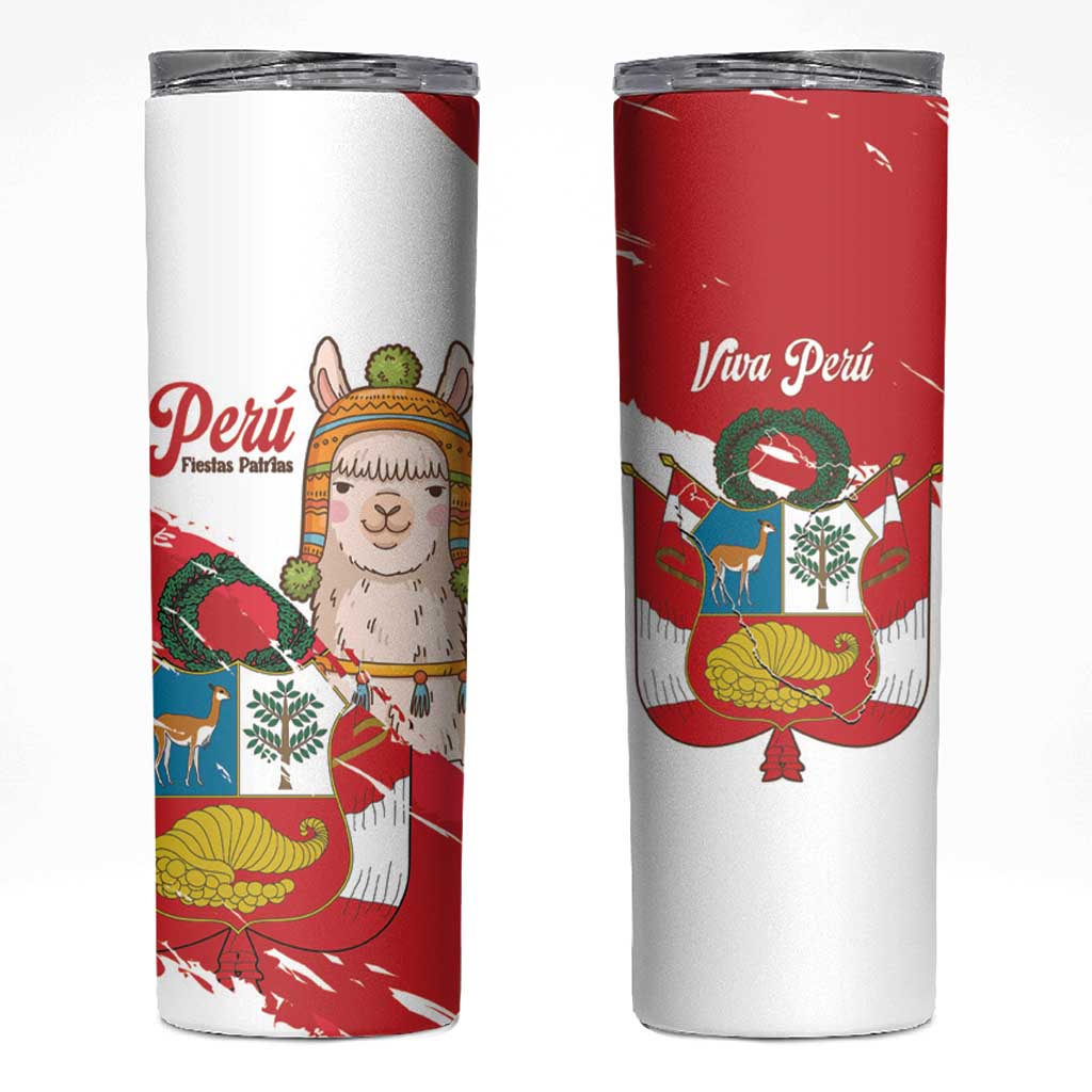 Fiestas Patrias de Peru Skinny Tumbler Coat Of Arms With Cute Alpaca Face