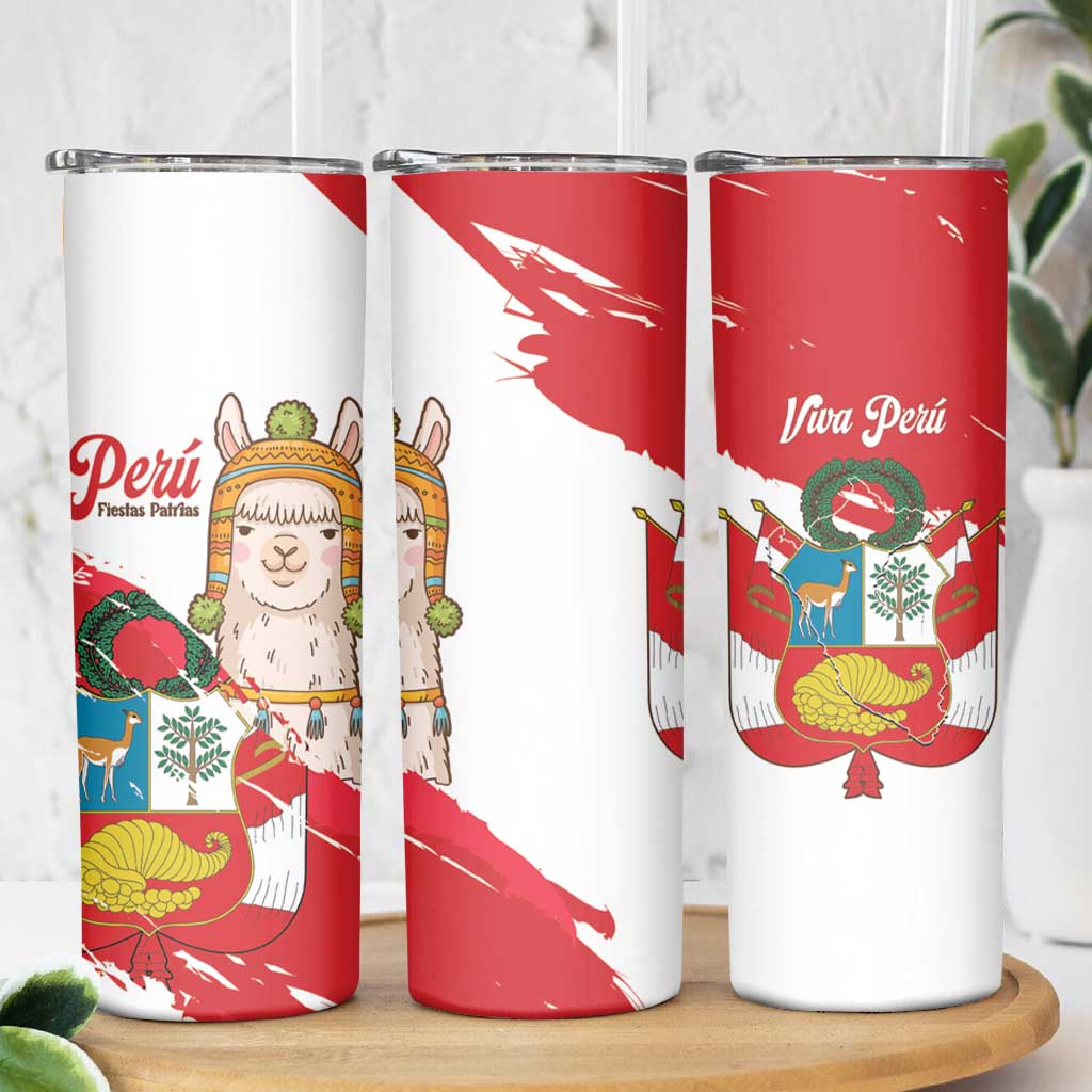 Fiestas Patrias de Peru Skinny Tumbler Coat Of Arms With Cute Alpaca Face