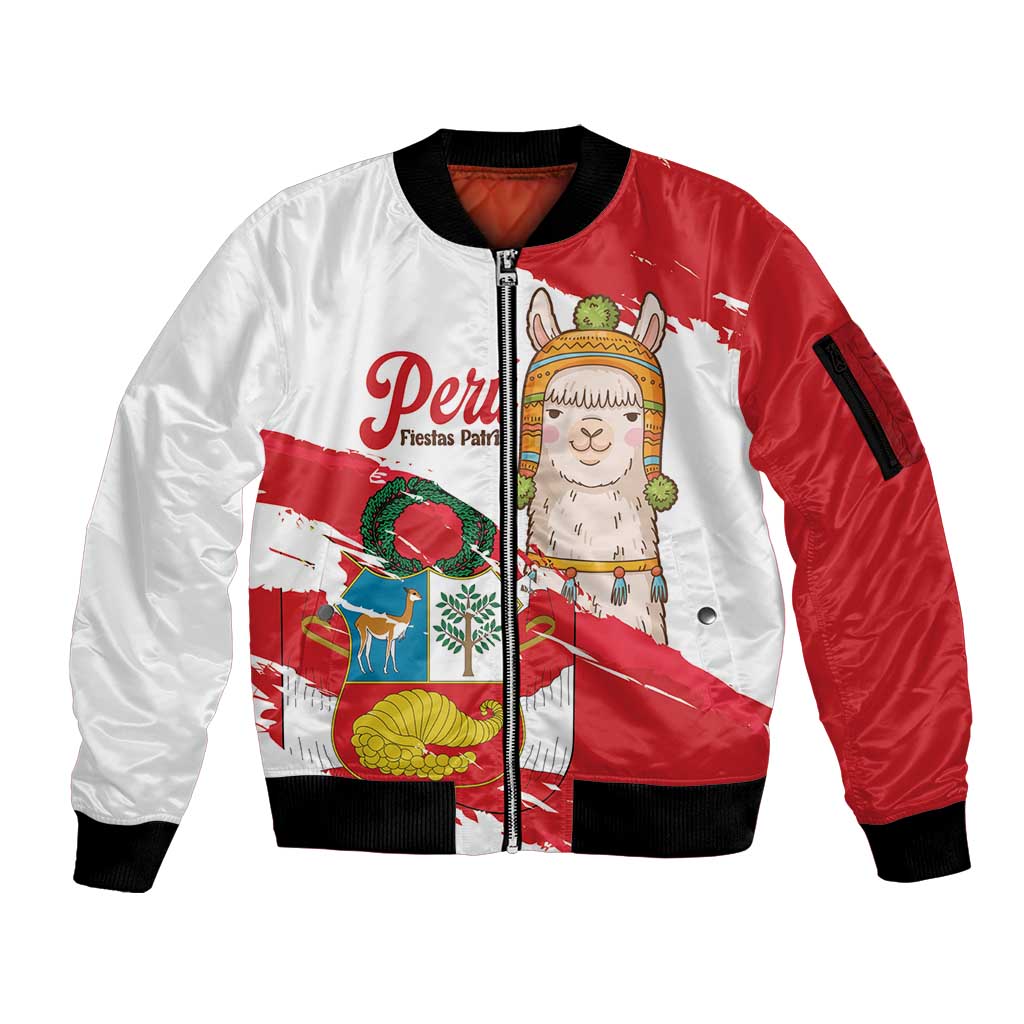 Fiestas Patrias de Peru Sleeve Zip Bomber Jacket Coat Of Arms With Cute Alpaca Face