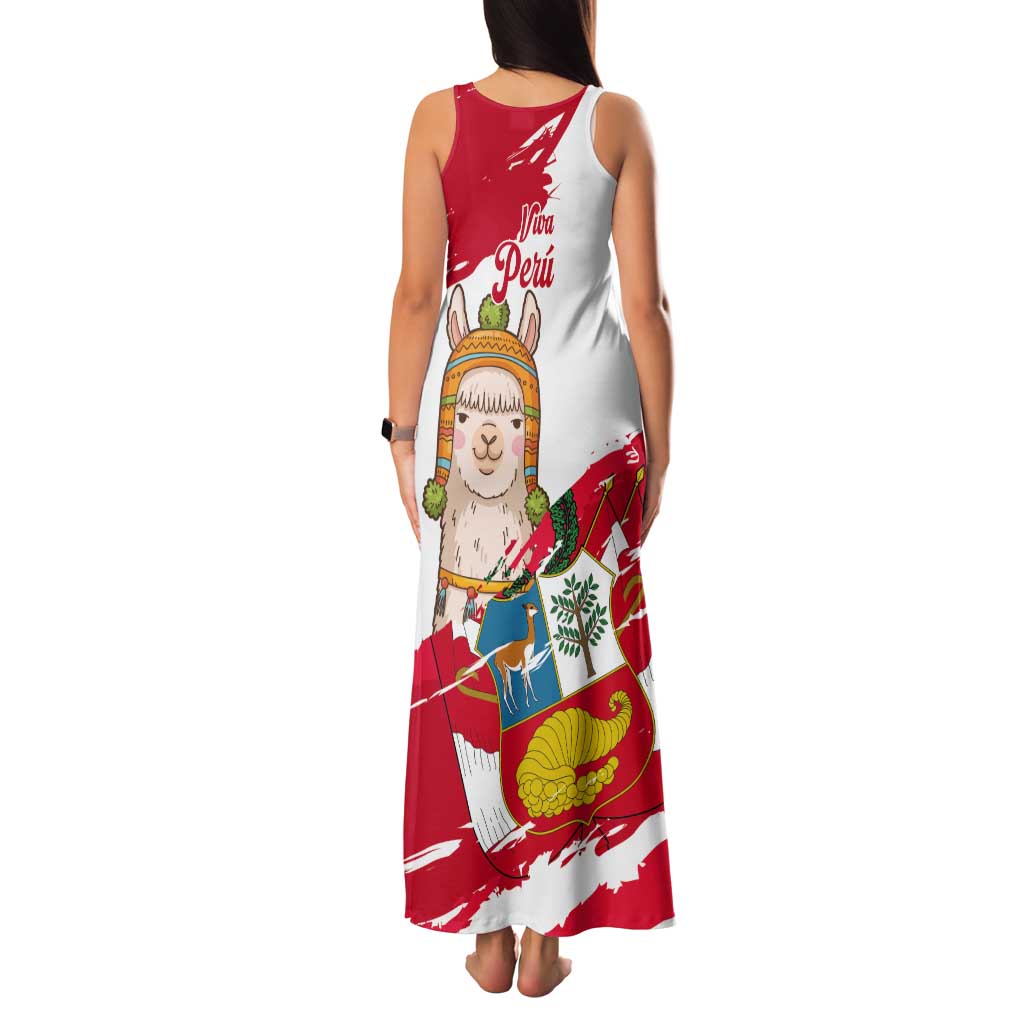 Fiestas Patrias de Peru Tank Maxi Dress Coat Of Arms With Cute Alpaca Face