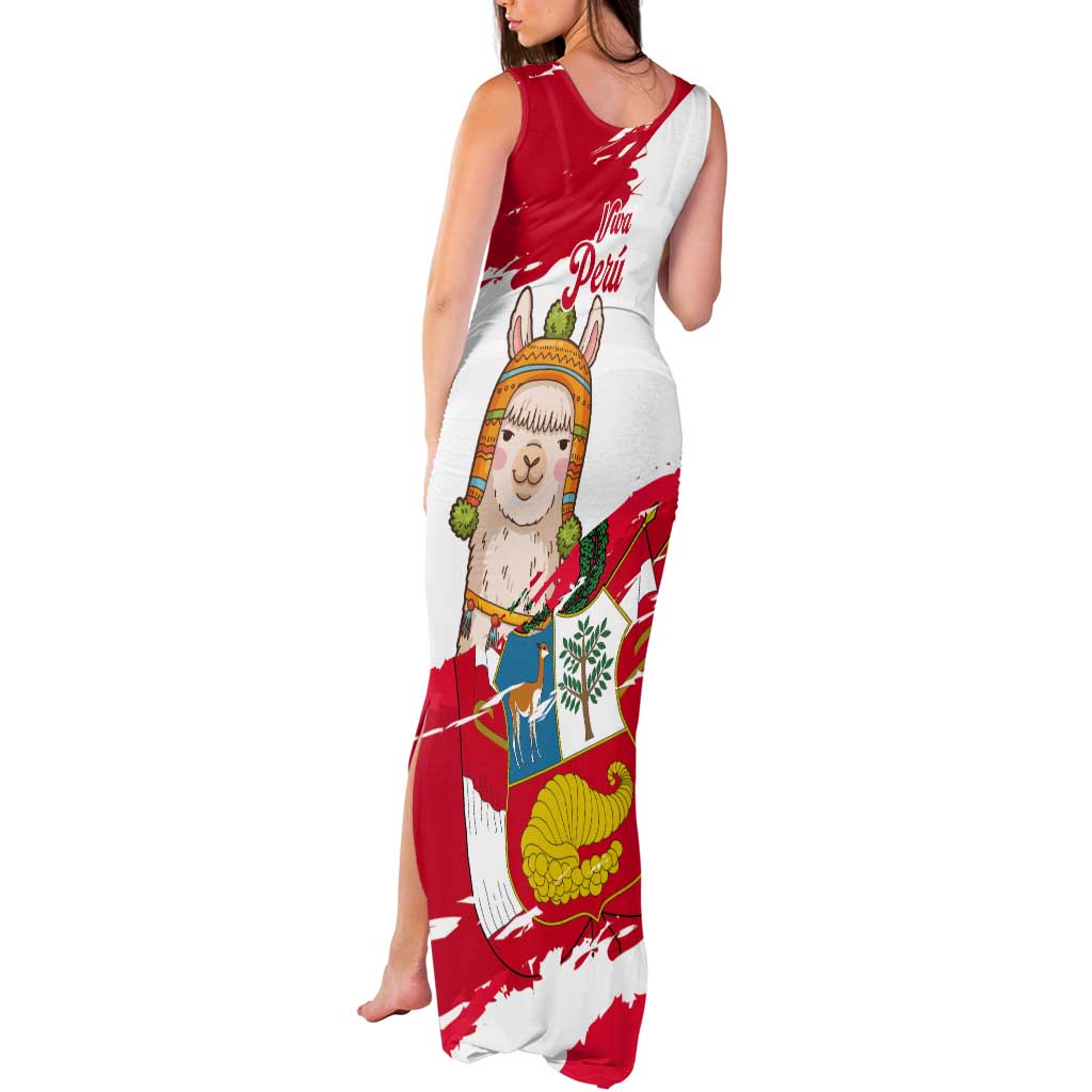 Fiestas Patrias de Peru Tank Maxi Dress Coat Of Arms With Cute Alpaca Face