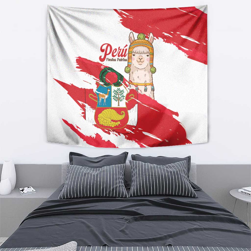 Fiestas Patrias de Peru Tapestry Coat Of Arms With Cute Alpaca Face