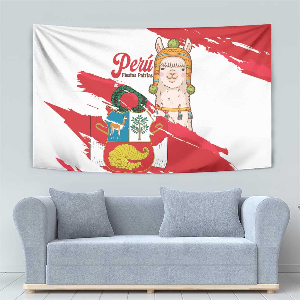 Fiestas Patrias de Peru Tapestry Coat Of Arms With Cute Alpaca Face