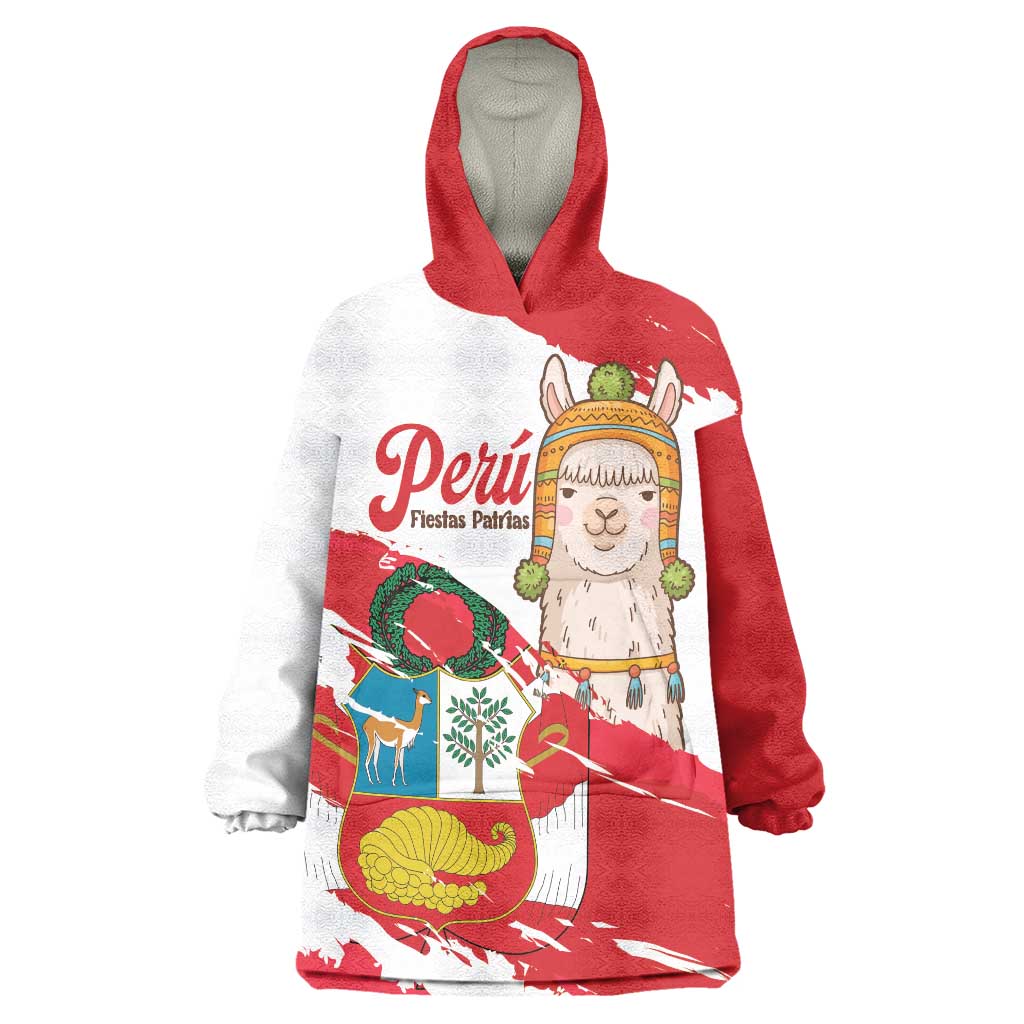 Fiestas Patrias de Peru Wearable Blanket Hoodie Coat Of Arms With Cute Alpaca Face