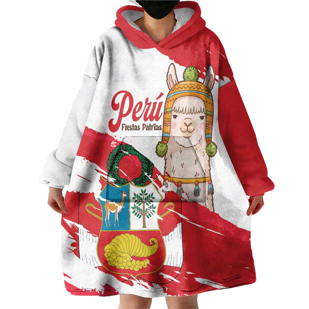 Fiestas Patrias de Peru Wearable Blanket Hoodie Coat Of Arms With Cute Alpaca Face