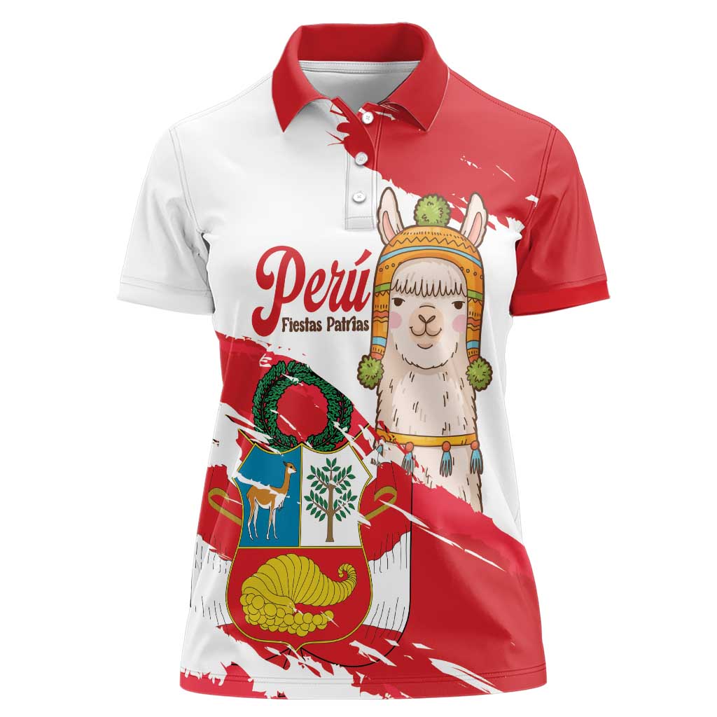 Fiestas Patrias de Peru Women Polo Shirt Coat Of Arms With Cute Alpaca Face