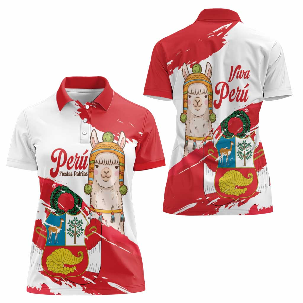 Fiestas Patrias de Peru Women Polo Shirt Coat Of Arms With Cute Alpaca Face
