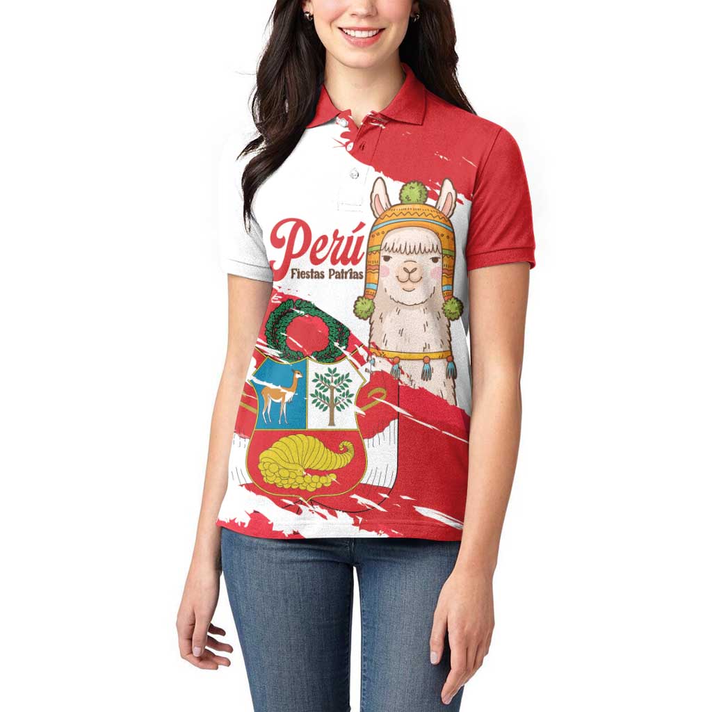 Fiestas Patrias de Peru Women Polo Shirt Coat Of Arms With Cute Alpaca Face
