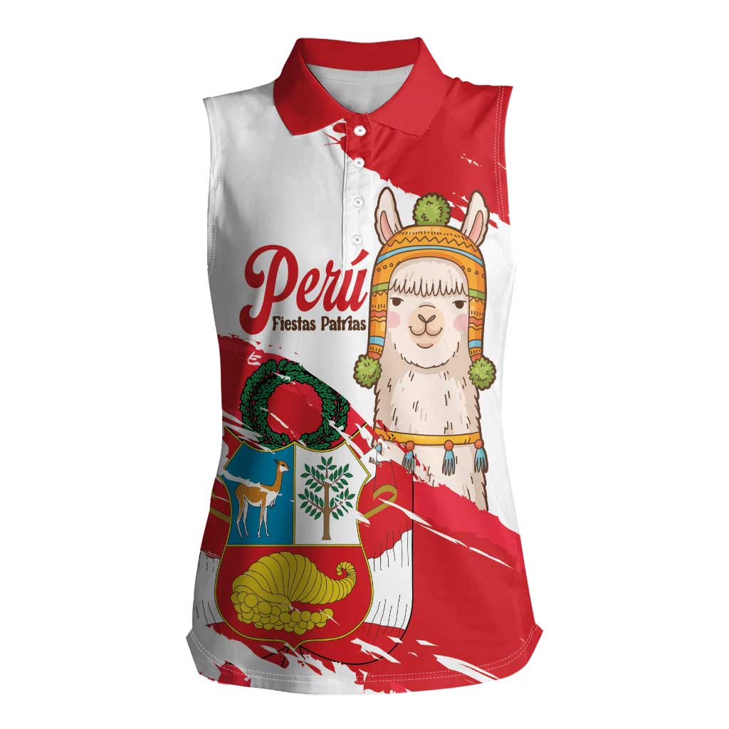 Fiestas Patrias de Peru Women Sleeveless Polo Shirt Coat Of Arms With Cute Alpaca Face
