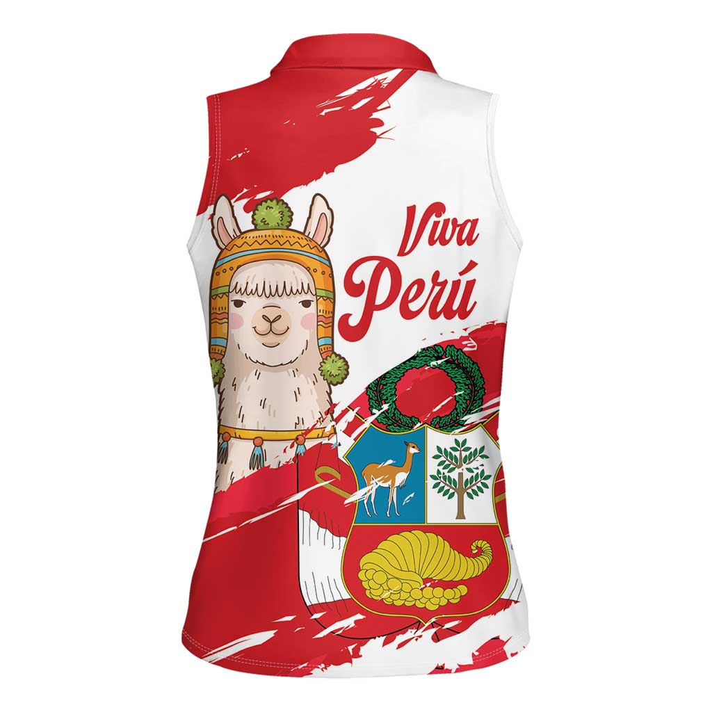Fiestas Patrias de Peru Women Sleeveless Polo Shirt Coat Of Arms With Cute Alpaca Face