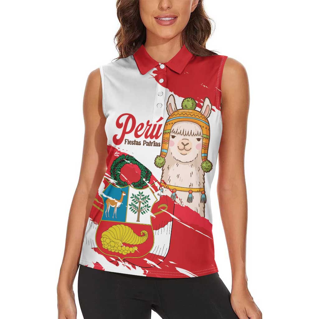Fiestas Patrias de Peru Women Sleeveless Polo Shirt Coat Of Arms With Cute Alpaca Face