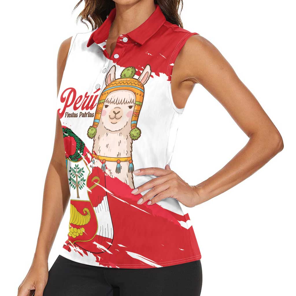 Fiestas Patrias de Peru Women Sleeveless Polo Shirt Coat Of Arms With Cute Alpaca Face
