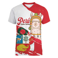 Fiestas Patrias de Peru Women V-Neck T-Shirt Coat Of Arms With Cute Alpaca Face