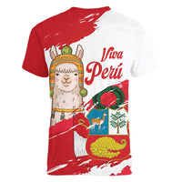 Fiestas Patrias de Peru Women V-Neck T-Shirt Coat Of Arms With Cute Alpaca Face