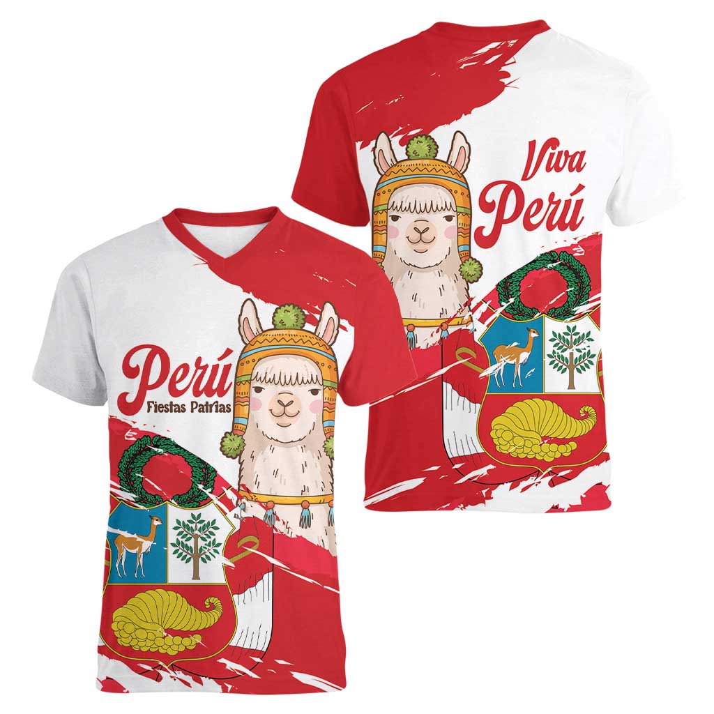 Fiestas Patrias de Peru Women V-Neck T-Shirt Coat Of Arms With Cute Alpaca Face