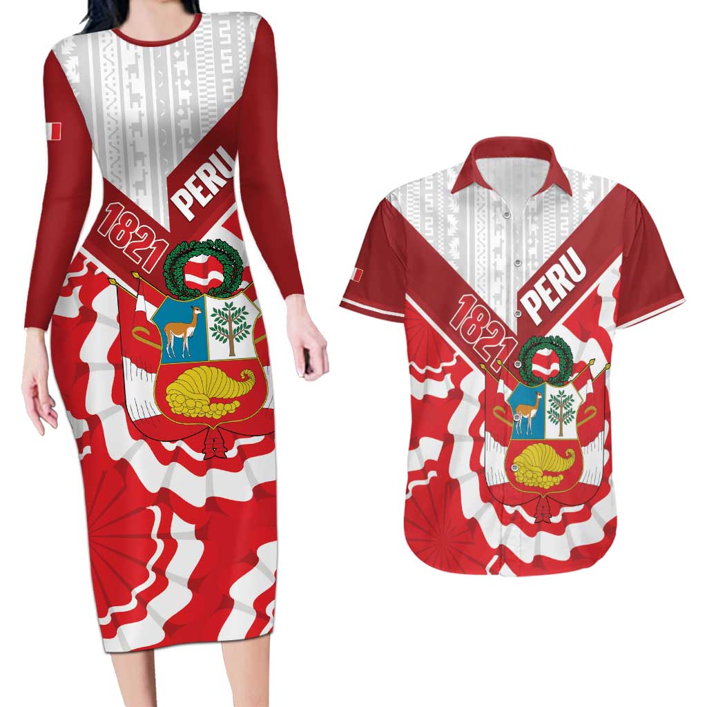 Peru 1821 Proud Couples Matching Long Sleeve Bodycon Dress and Hawaiian Shirt National Day Peruvian Pattern