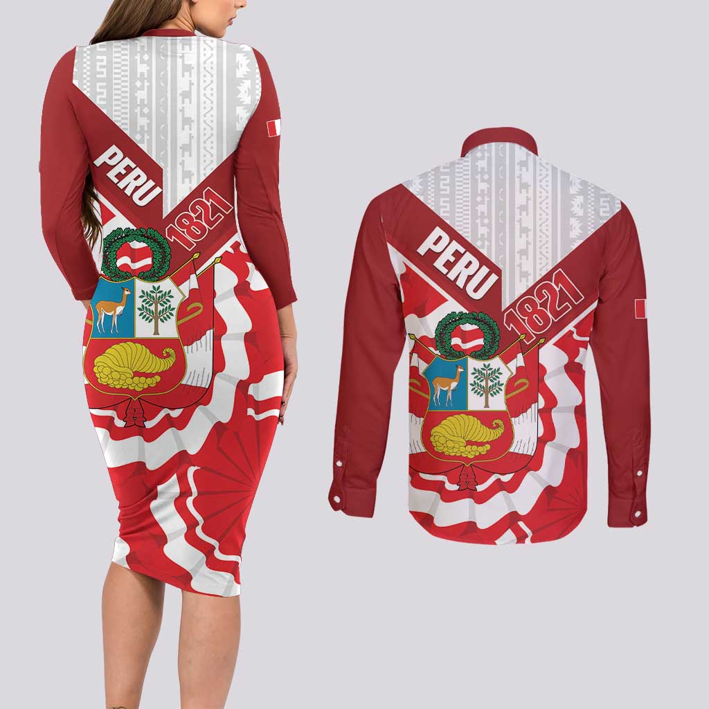 Peru 1821 Proud Couples Matching Long Sleeve Bodycon Dress and Long Sleeve Button Shirt National Day Peruvian Pattern