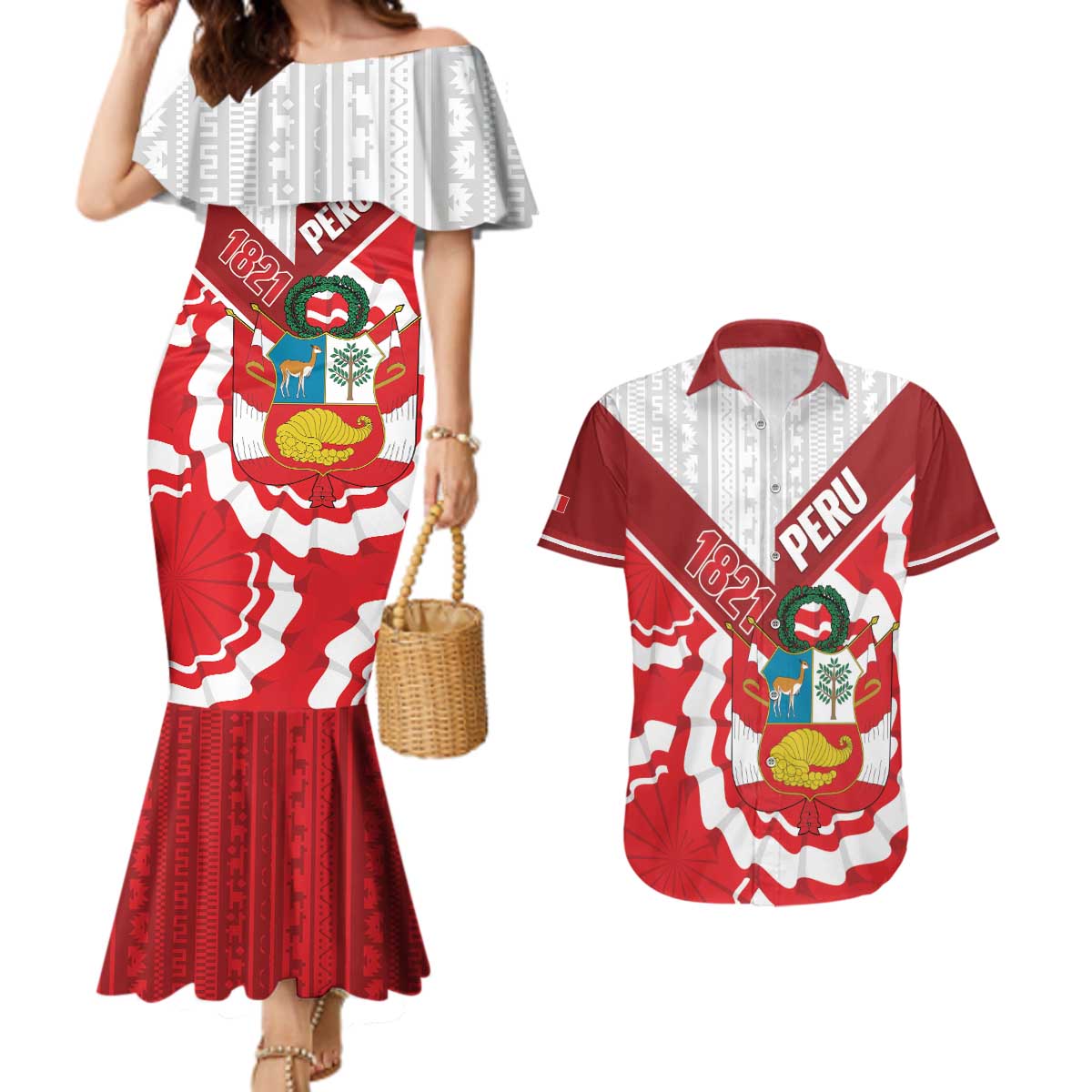Peru 1821 Proud Couples Matching Mermaid Dress and Hawaiian Shirt National Day Peruvian Pattern
