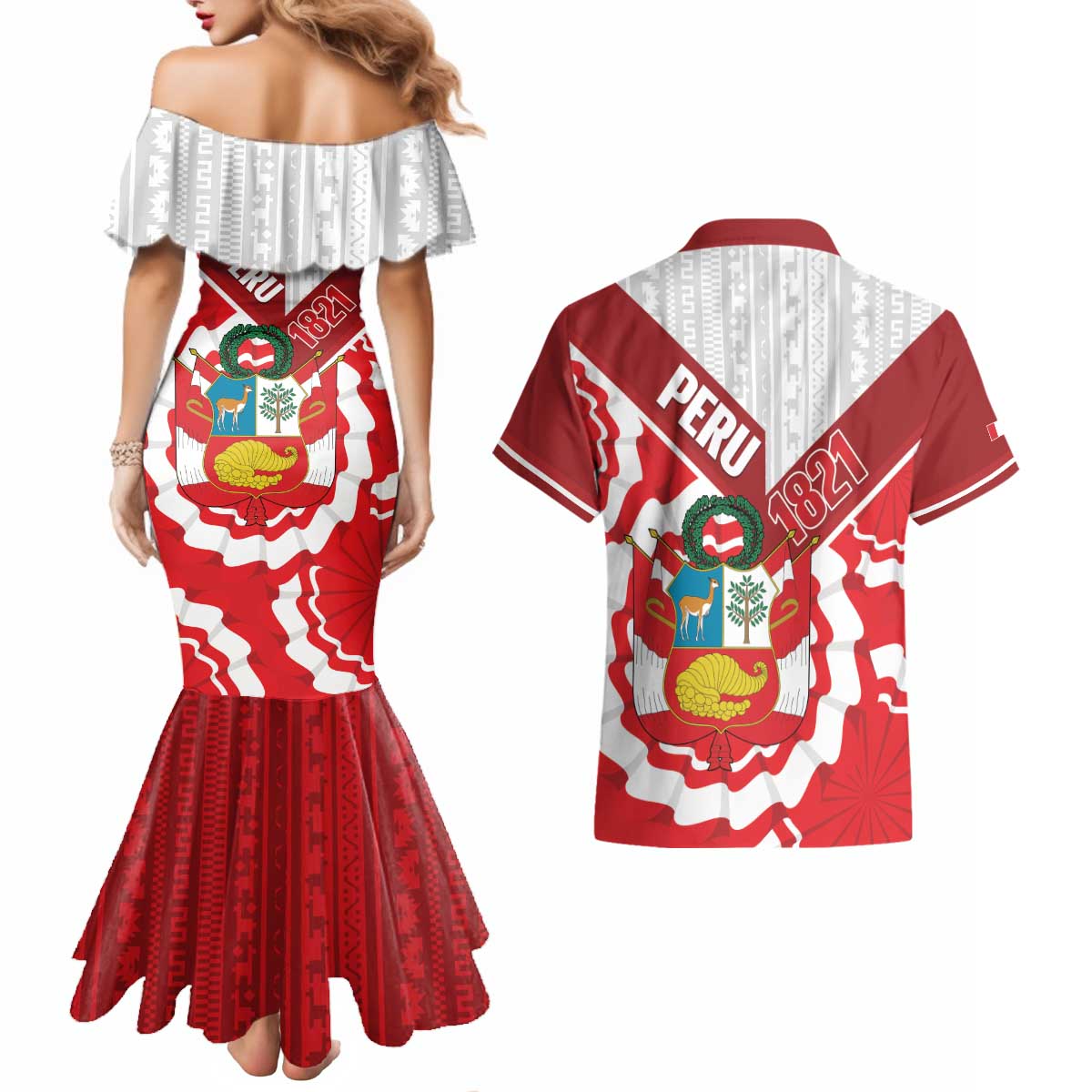 Peru 1821 Proud Couples Matching Mermaid Dress and Hawaiian Shirt National Day Peruvian Pattern