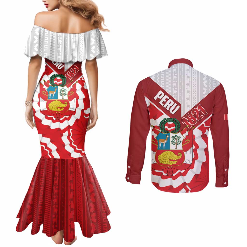 Peru 1821 Proud Couples Matching Mermaid Dress and Long Sleeve Button Shirt National Day Peruvian Pattern