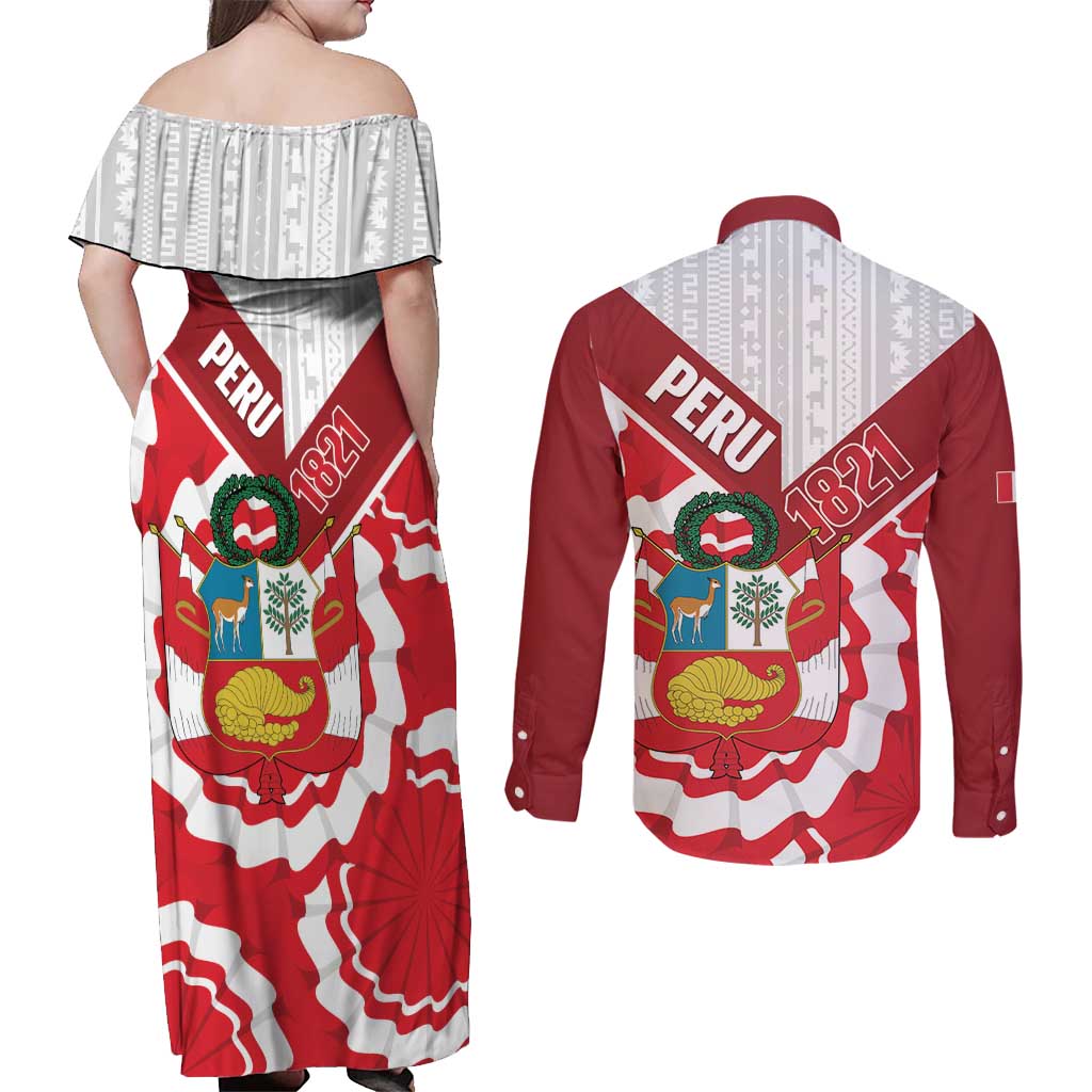 Peru 1821 Proud Couples Matching Off Shoulder Maxi Dress and Long Sleeve Button Shirt National Day Peruvian Pattern