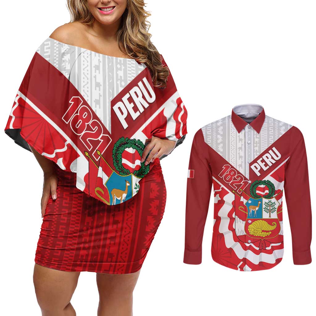 Peru 1821 Proud Couples Matching Off Shoulder Short Dress and Long Sleeve Button Shirt National Day Peruvian Pattern
