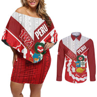Peru 1821 Proud Couples Matching Off Shoulder Short Dress and Long Sleeve Button Shirt National Day Peruvian Pattern