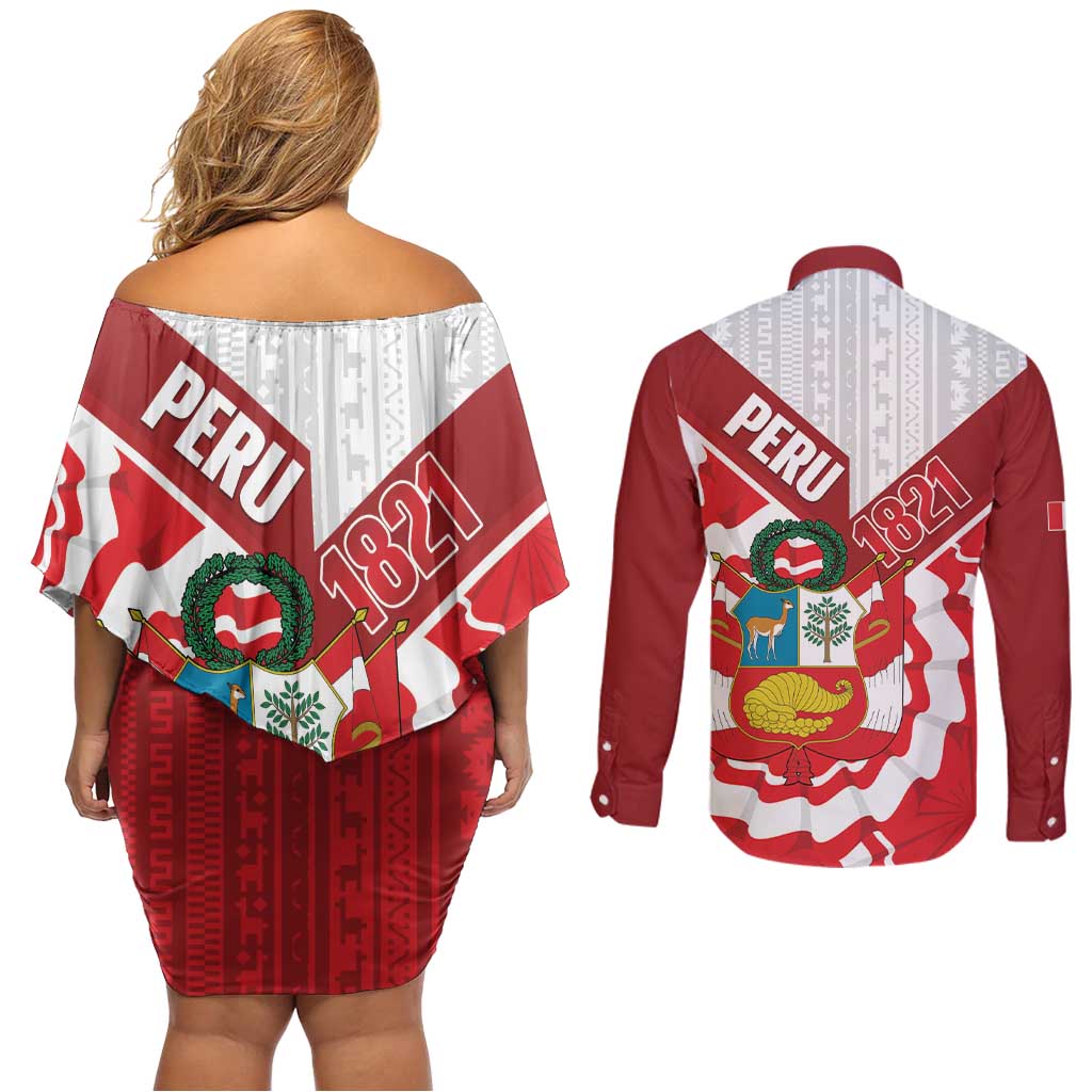 Peru 1821 Proud Couples Matching Off Shoulder Short Dress and Long Sleeve Button Shirt National Day Peruvian Pattern