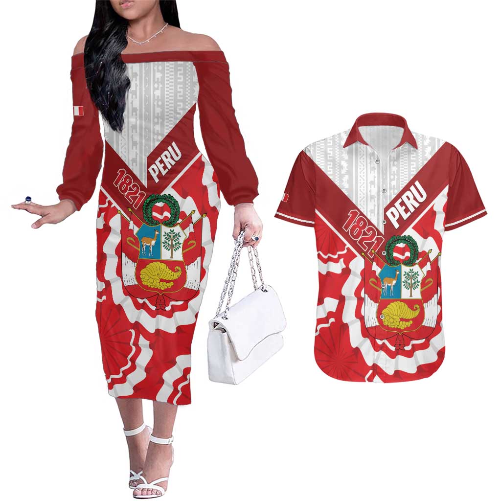 Peru 1821 Proud Couples Matching Off The Shoulder Long Sleeve Dress and Hawaiian Shirt National Day Peruvian Pattern