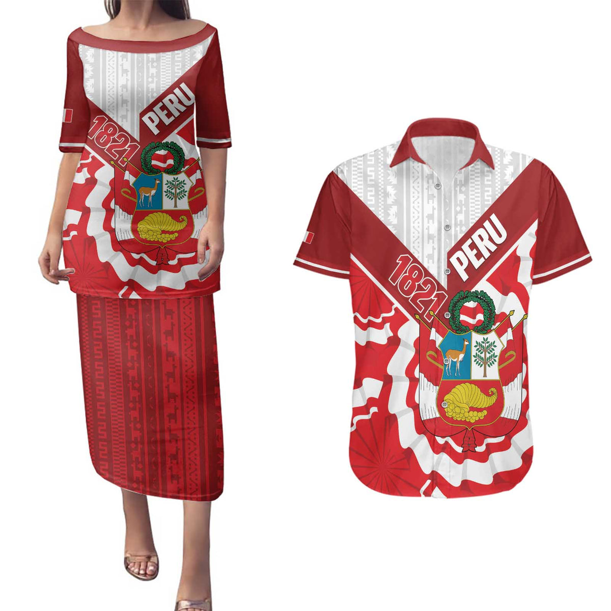 Peru 1821 Proud Couples Matching Puletasi and Hawaiian Shirt National Day Peruvian Pattern
