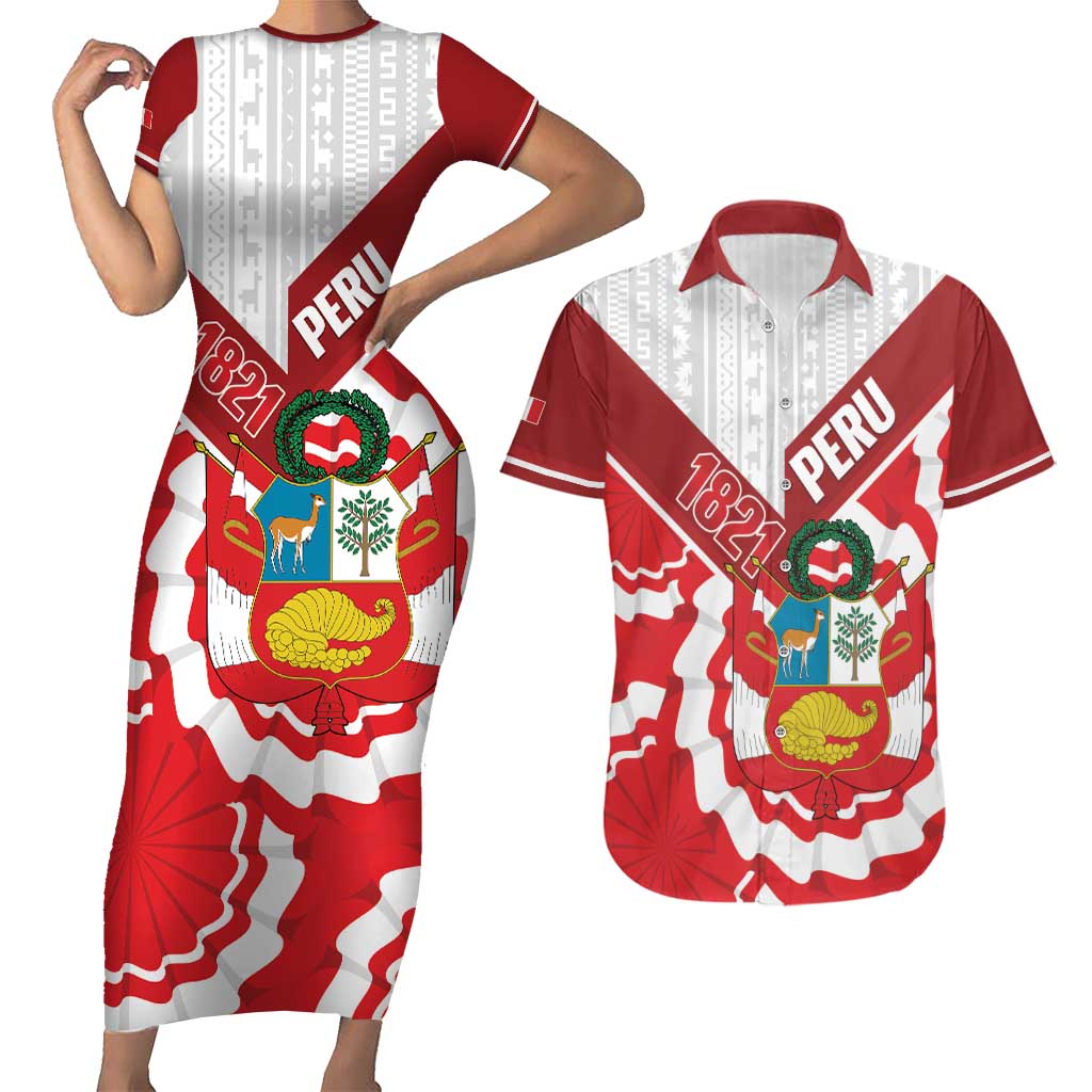 Peru 1821 Proud Couples Matching Short Sleeve Bodycon Dress and Hawaiian Shirt National Day Peruvian Pattern