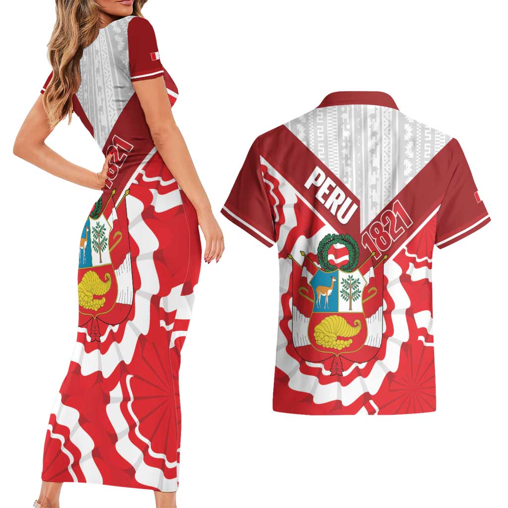 Peru 1821 Proud Couples Matching Short Sleeve Bodycon Dress and Hawaiian Shirt National Day Peruvian Pattern
