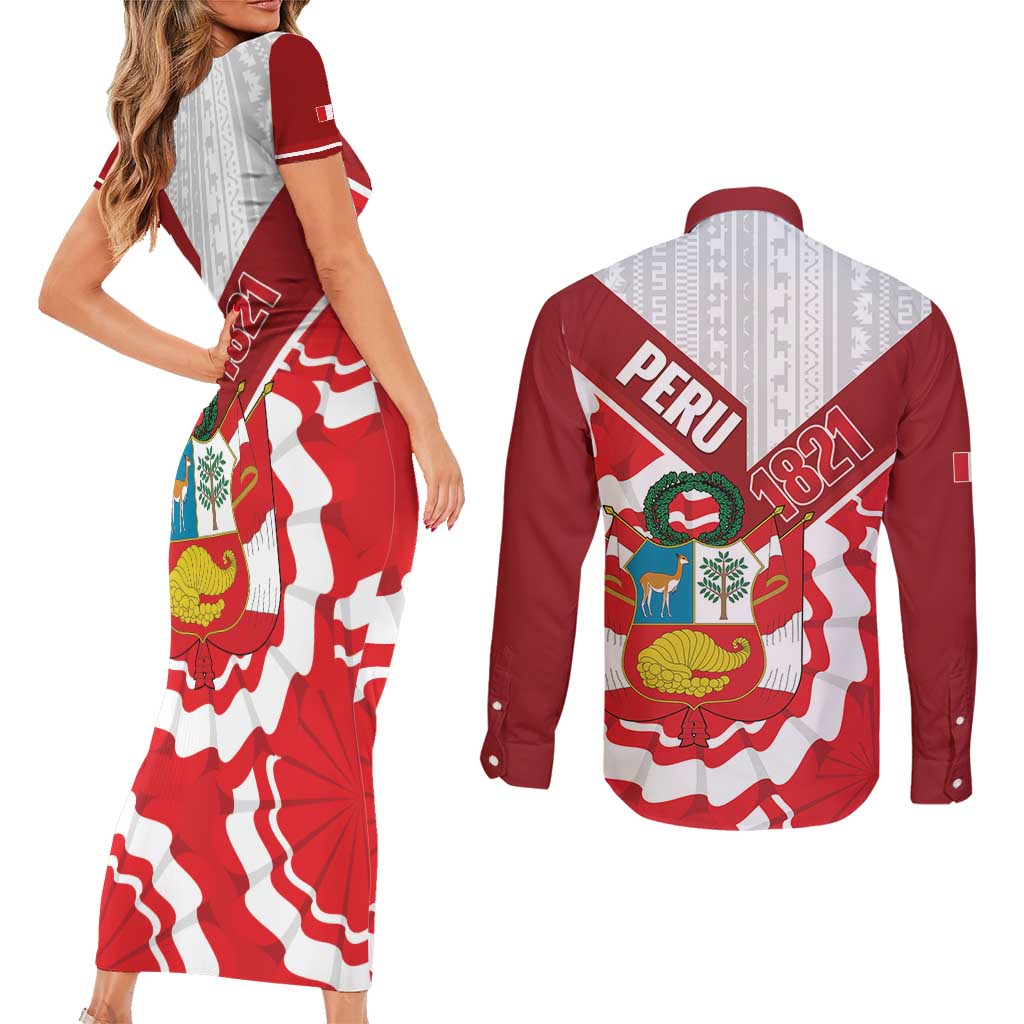 Peru 1821 Proud Couples Matching Short Sleeve Bodycon Dress and Long Sleeve Button Shirt National Day Peruvian Pattern
