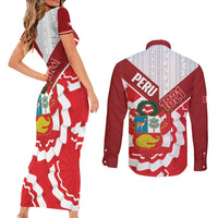 Peru 1821 Proud Couples Matching Short Sleeve Bodycon Dress and Long Sleeve Button Shirt National Day Peruvian Pattern