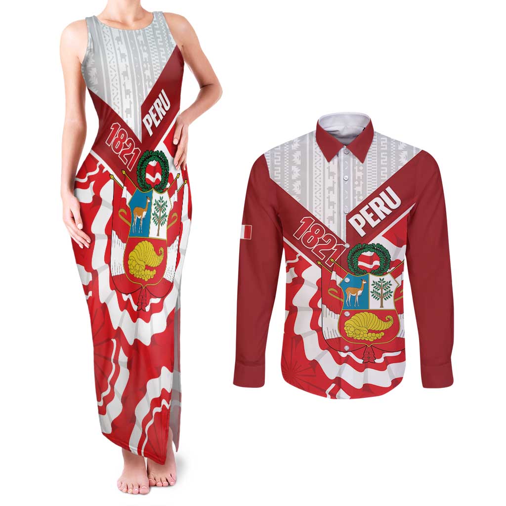 Peru 1821 Proud Couples Matching Tank Maxi Dress and Long Sleeve Button Shirt National Day Peruvian Pattern