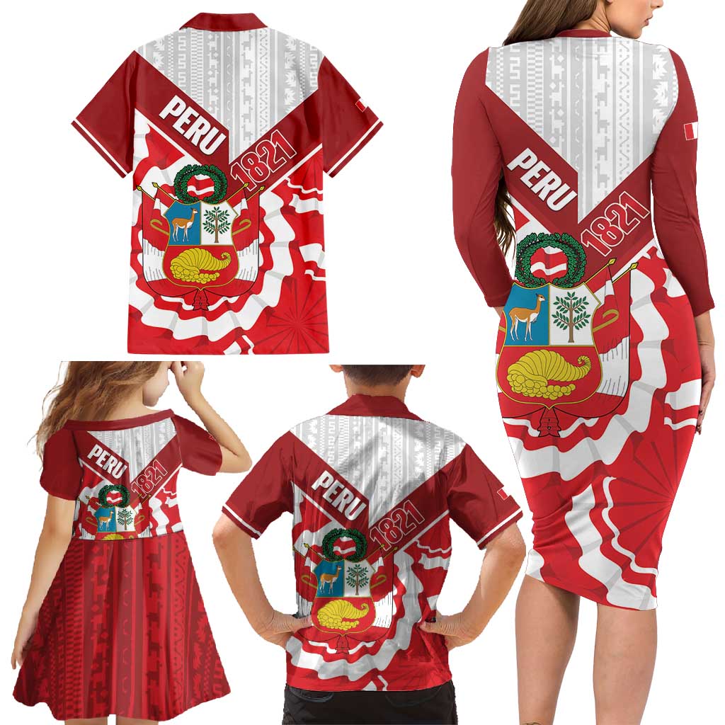 Peru 1821 Proud Family Matching Long Sleeve Bodycon Dress and Hawaiian Shirt National Day Peruvian Pattern