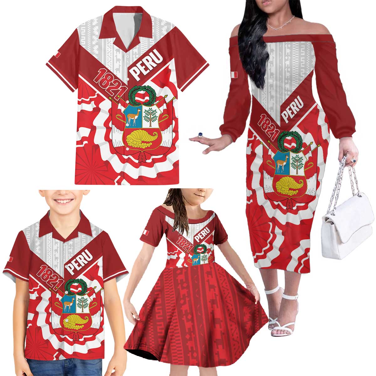 Peru 1821 Proud Family Matching Off The Shoulder Long Sleeve Dress and Hawaiian Shirt National Day Peruvian Pattern