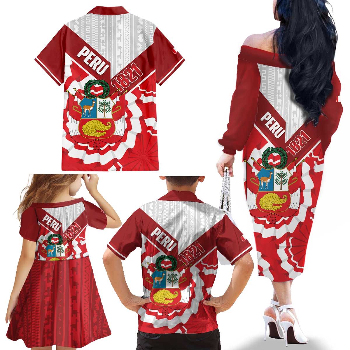 Peru 1821 Proud Family Matching Off The Shoulder Long Sleeve Dress and Hawaiian Shirt National Day Peruvian Pattern