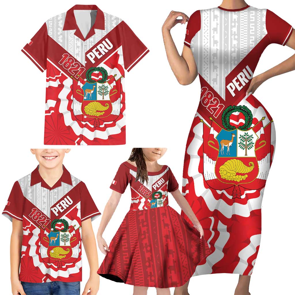 Peru 1821 Proud Family Matching Short Sleeve Bodycon Dress and Hawaiian Shirt National Day Peruvian Pattern
