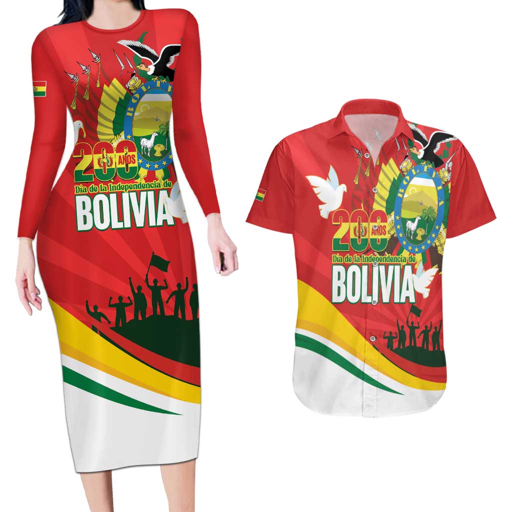 Bolivia Independence Day Couples Matching Long Sleeve Bodycon Dress and Hawaiian Shirt 200 Anos Dia de la Independencia