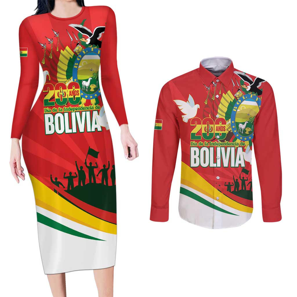 Bolivia Independence Day Couples Matching Long Sleeve Bodycon Dress and Long Sleeve Button Shirt 200 Anos Dia de la Independencia